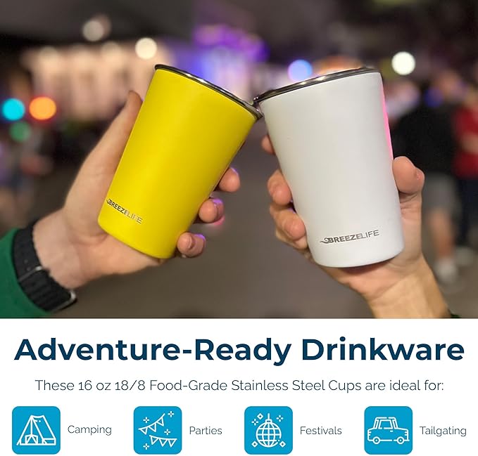 Breeze Life Stainless Steel Metal Cup Drinking Tumblers, Stackable, Shatterproof, Great for Camping, Outdoor Picnic, Festivals, BBQ Tailgating, 4-Pack, Blue, Gray, Yellow, White.