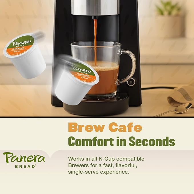Panera Caramel Coffee Pods, Light Roast Cups, Keurig Compatible, Natural Caramel Flavor, 100% Arabica, Kosher, No Artificial Ingredients 60 Single Serve Pods (6 Packs of 10)