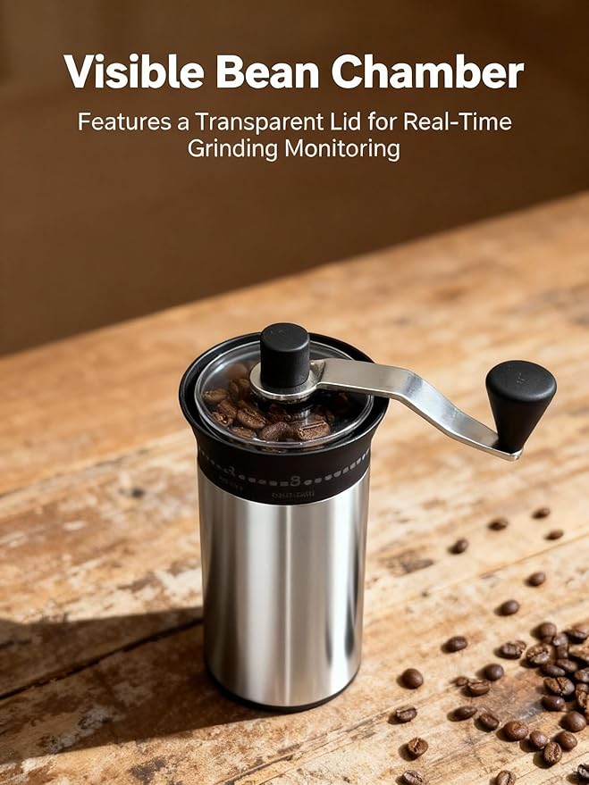 LAMIDO Mini Manual Coffee Grinder - 56 External Grind Settings, Stainless Steel Body & Crank, Ceramic Burr, Portable Hand Grinder for Travel, Camping, Home Brewing - Stainless Steel