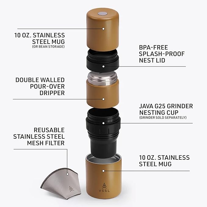 VSSL - Nest Pour Over Coffee Kit + Java G25 Bean Grinder Bundle | Coffee for Camping | Pour Over Dripper | Two 10oz Stainless Steel Travel Mugs | Sahara/Carbon