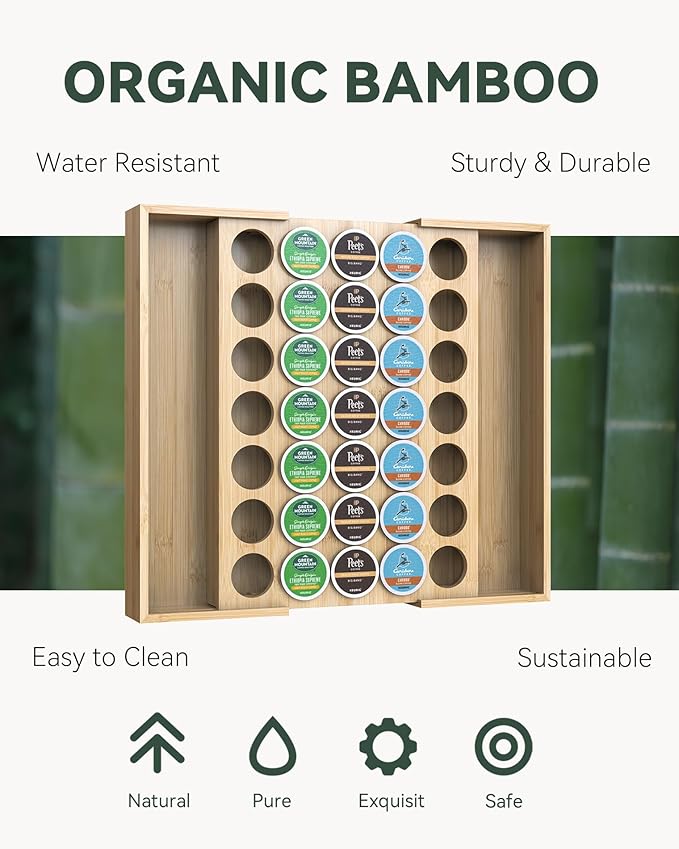 Larger Expandable Bamboo Coffee Pod Holder for Counter Drawer Display, 35 Pod Capacity, K-Cup Pods - Tea Bags Storage Organizer Holder (Bamboo)