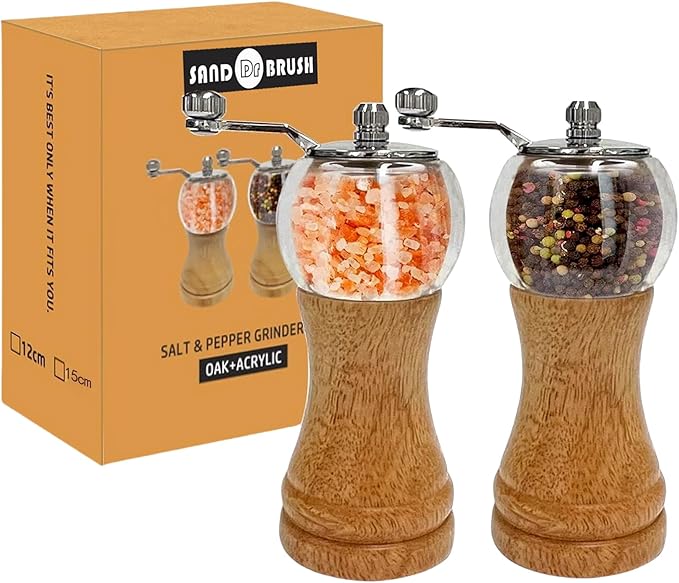 Pepper Grinder Set Manual Salt and Pepper Grinder Set 2pcs 6in Spice Grinder Classical Hand Shake Wooden Pepper Mill Salt Mill Ceramic Core Grinding, Enjoy Fresh Ground Pepper Sea Salt Spices