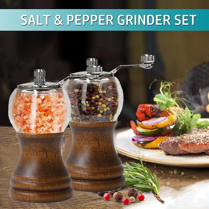 Salt and Pepper Grinder Set Manual Pepper Mill Acrylic Hand Crank Salt & Peppercorn Grinder Rustic Wooden Pepper Shaker with Adjustable Coarseness Ceramic Core (Walnut 1pcs-5in)