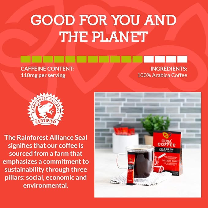 Cusa Tea & Coffee | Premium Instant Medium Roast | Rainforest Alliance Certified Arabica Beans | Hot or Cold Brew Drink Mix Packets (30 Single Servings)
