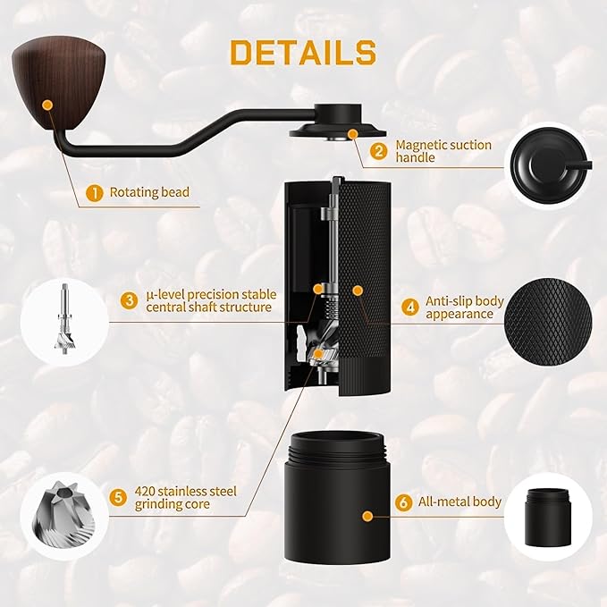 MAVO Manual Coffee Grinder, Wizard Hand Coffee Grinder, Capacity 25g with 2PCS CNC Stainless Steel Conical Burr -Pentagon and Hexagonal, Burr Coffee Bean Grinder for French Press, Pour Over, Silver