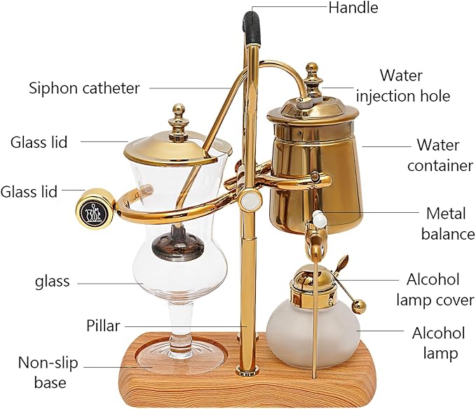 Belgian/Belgium Family Balance Siphon/Syphon Coffee Maker, Elegant Double Ridged Fulcrum with Tee handle (Classic Gold,400ml/13.53oz)
