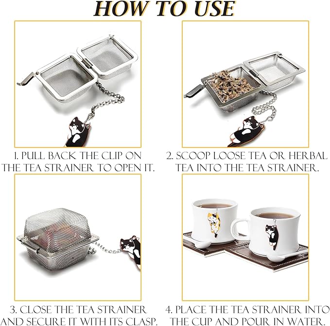 Cat Tea Infuser Set, 2 PCS Cubic Tea Diffusers for Loose Tea, Stainless Steel Tea Ball with Cute Charm Pendant, Reusable Tea Steeper for Tea Extraction and Cold Brewing, Black & Orange Cat