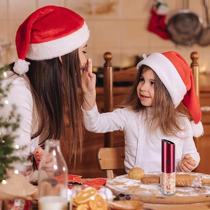 Vzaahu Gravity Electric Pepper and Salt Grinder Set of 2 Silver and Red- Rechargeable, Refillable, Adjustable Coarseness, Stainless Steel Salt Pepper Mill with LED light - One Hand Operation