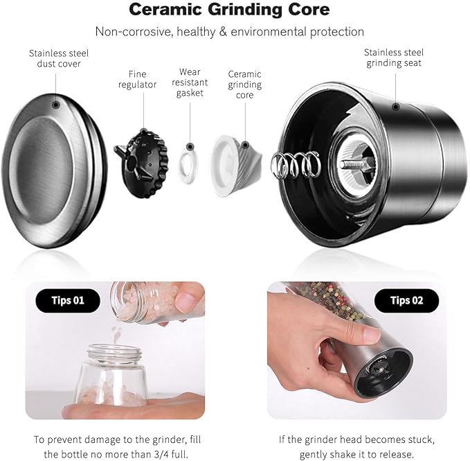 Professional Stainless Steel Salt and Pepper Grinder Set with Stand Manual Spice Adjustable Coarseness with Five Grinding Level Pepper Mill Grinders Shakers Gift Set with Silicone Funnel (Pack of 2)