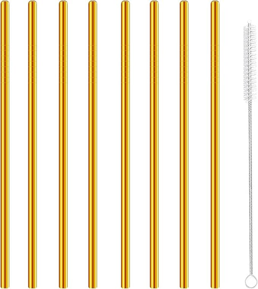 Stainless Steel Straws Metal Reusable Drinking Straw for Juice Iced Coffee Cold Beverage Water Highball Glasses 20oz Tumblers Mugs Cups, 0.24" 6mm Wide 215mm Long, Set of 8 with Brush, Gold