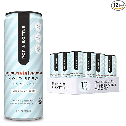 Pop & Bottle Oat Milk Lattes- Cold Brew, Cold Brew Coffee Cans, Canned Coffee, Iced Coffee, Organic, Dairy Free, Gluten Free, Lightly Sweetened with Coconut Nectar- Peppermint Mocha, 8 Fl Oz (12 Pack)