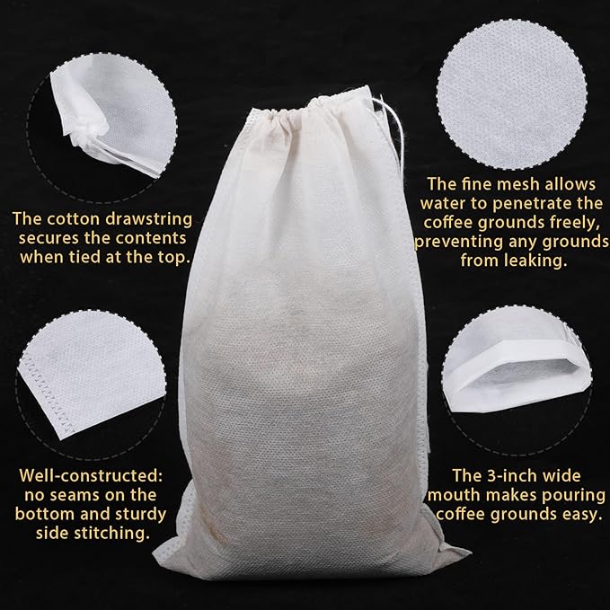 50 PCS Cold Brew Bags 6x10 Inch, No Mess Cold Brew Coffee Filter Bags Fine Mesh Brewing Drawstring Pouches Large Empty Tea Bag for Loose Leaf Tea, Iced Coffee, Pice, Home Brewing