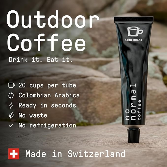No Normal Dark Roast, Instant Coffee Paste (20 Cups) – The Outdoor Coffee – Swiss-Made, Fairtrade Arabica Beans, Liquid Concentrate Alternative- Uncomplicated, Zero Waste On-the-Go Tube- Slightly Sweetened