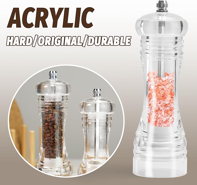 SHIKORI Clear Acrylic Pepper Grinder Mill, Salt and Pepper Shaker Salt Grinder Pepper Mill Shakers Refillable with Adjustable Coarseness Ceramic Rotor-Tall 4.5in