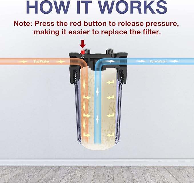 SimPure Whole House Water Big Filter Housing (DB10C), 10" x 4.5", Blue for Whole Home Water Filtration, Sediment Water Filter System for Well, 1" NPT Brass Port (Clear Housing)