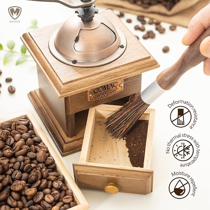 MAGNET Professional Coffee Grinder Cleaning Brush Coffee Brush Handling Accessory Tool Walnut Brush Handle Natural Bristle with magnetic snap for Camping Home Kitchen Barista