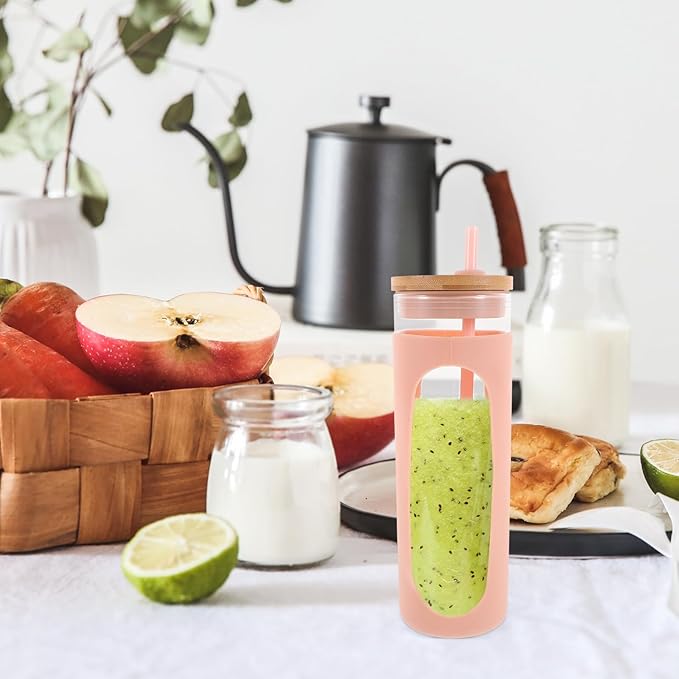 Glass Water Cup with Lid and Straw, Reusable Glass Tumbler with Silicone Sleeve, 16oz Coffee and Juice Drinking Cup for Cold Brew and Beverage on The Go