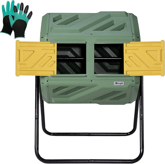 Werph Updated 43 Gallon Dual-Chamber Compost Bin, Fast Assembly Outdoor Compost Tumbler, Rotating Batch Composter Bin with Gloves for Garden, Kitchen, and Yard