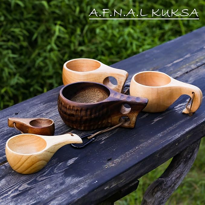 Kuksa Camping Mug Wooden Bushcraft Handcarved Cup, Nordic Style Coffee & Hiking Kuksa, Rubber Wood with Single Hole, 7.1 oz., 6.3" x 3.8" x 2.6"