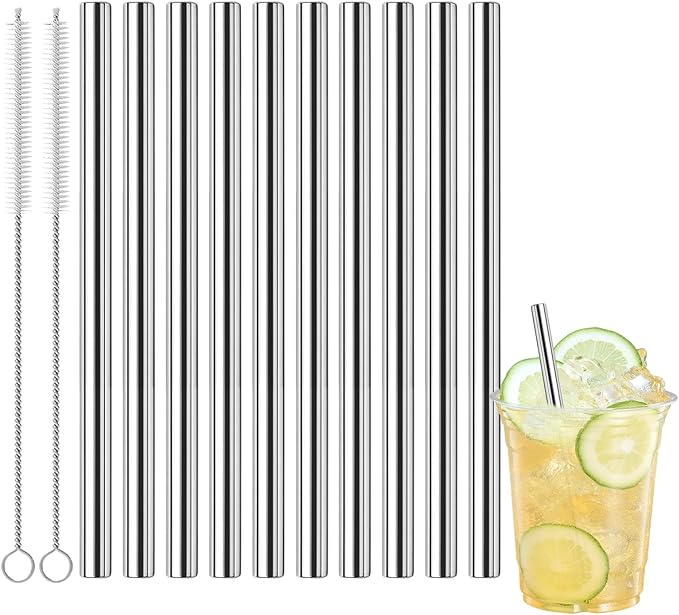 10 Pcs Short Metal Straws, 6 in x 8 mm Metal Straws Reusable Stainless Steel Straws Straight with 2 Cleaning Brush, Reusable Short Drinking Straw for Cocktail Coffee Mugs Small Glasses Cups