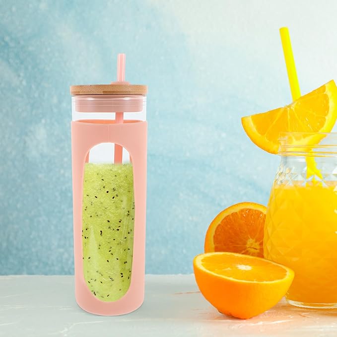 Glass Water Cup with Lid and Straw, Reusable Glass Tumbler with Silicone Sleeve, 16oz Coffee and Juice Drinking Cup for Cold Brew and Beverage on The Go