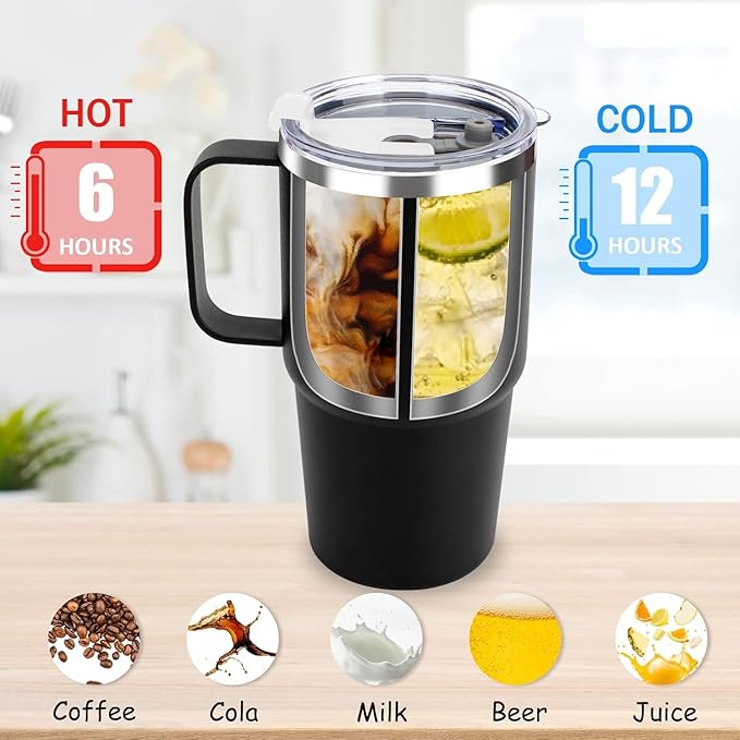 Sursip Kids 24 oz Insulated Cup with Handle, Double Wall Vacuum Stainless Steel Tumbler with Straw and 2 Lids, For Cold/Hot Drinks, Coffee Travel Mug for Car/Home/Office/Party/Camping (2 Pack)