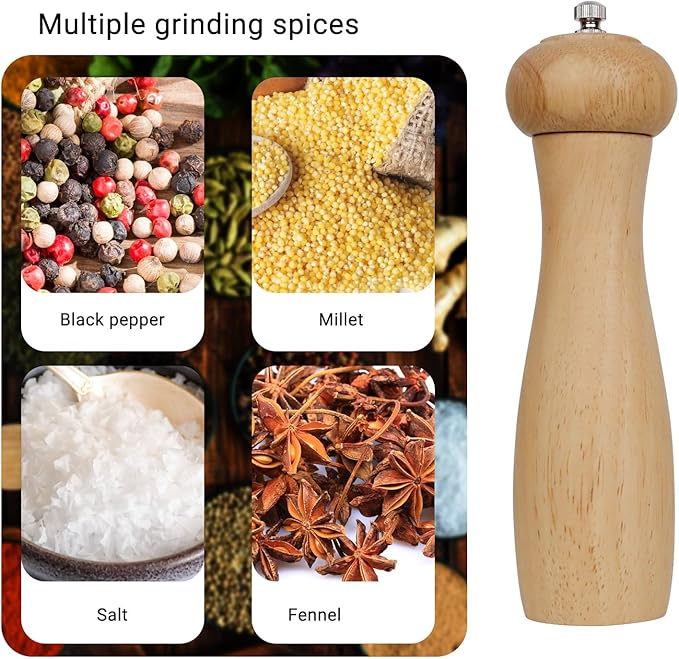 ManGotree Wooden Pepper Grinder, Adjustable Coarseness Pepper Mill, Refillable Manual Salt Grinder, Oak Wood Pepper Grinder Mill for Kitchen, 8 Inch (Natural)