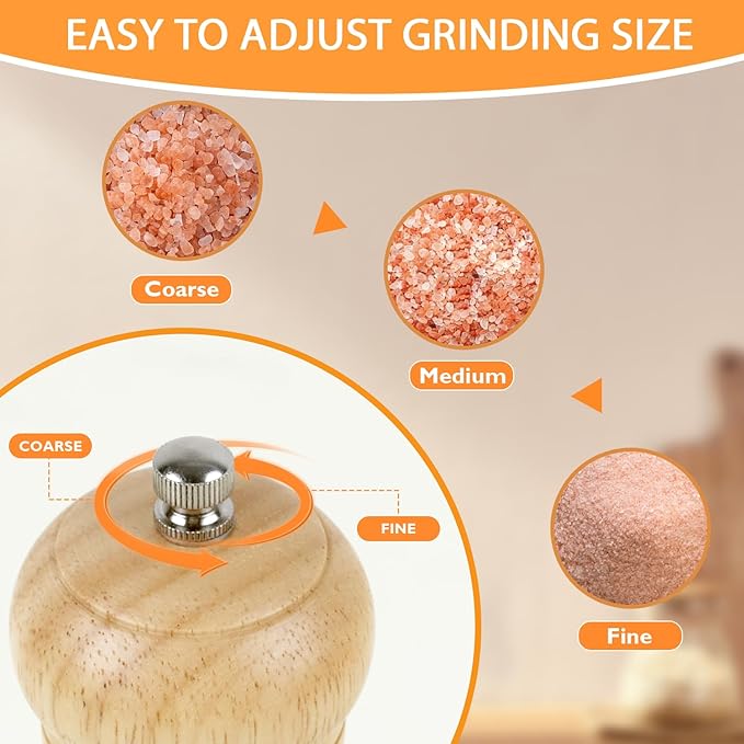 Wooden Salt and Pepper Grinder Set, 8.5 Inches Salt Grinder with Adjustable Coarseness Pepper Mill, Refillable Manual Salt Grinder, Oak Wood Salt and Pepper Grinder Mill for Kitchen - 2 Pack