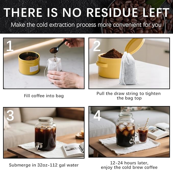 150 Pcs Cold Brew Bags 4x6 inch, No Mess Disposable Cold Brew Coffee Filter Pouches with Drawstring Large Empty Tea Bag for Loose Leaf Tea, Iced Coffee, Herbs, Spice, Home brewing, Hot pot