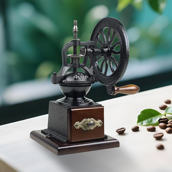 Vintage Manual Coffee Grinder with Cast Iron Wheel, Wood Handle, Carbon Steel Grinding Core, Black and Brown, 10.63x5.71 Inch