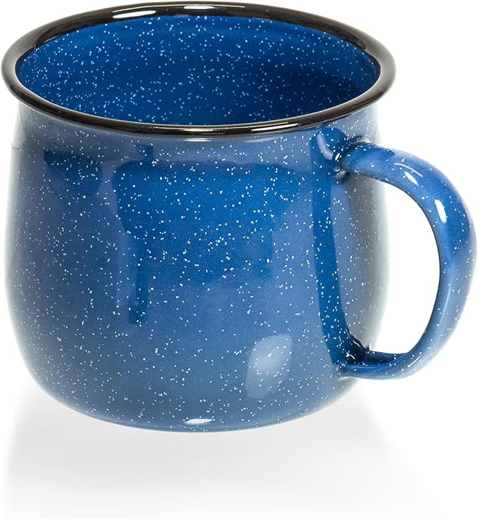 Red Co. Set of 4 Enamelware Metal 12 Oz Round Camping Coffee Mugs with Handle, White-Speckled Blue/Black Rim