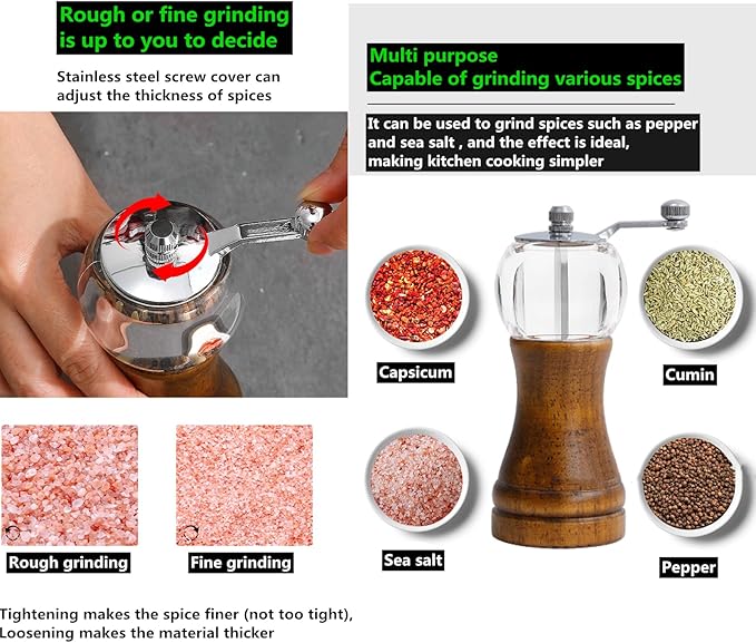 Salt and Pepper Grinder Set Manual Pepper Mill Acrylic Hand Crank Salt & Peppercorn Grinder Rustic Wooden Pepper Shaker with Adjustable Coarseness Ceramic Core (Walnut 1pcs-5in)