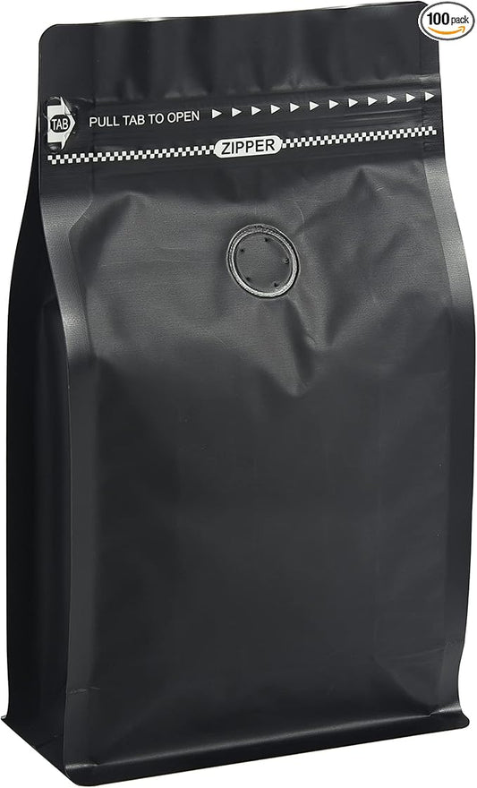 Black Coffee Bags with Valve (Pack of 100, 16oz/1 lb Size) - High Barrier Aluminum Foil - Flat Bottom Coffee Pouches with Rsealable Zipper & Easy Open Tape