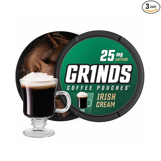 Grinds Coffee Pouches | Irish Cream Flavor | 3 Cans | Brew-Free Coffee Alternative | 18 Pouches Per Can