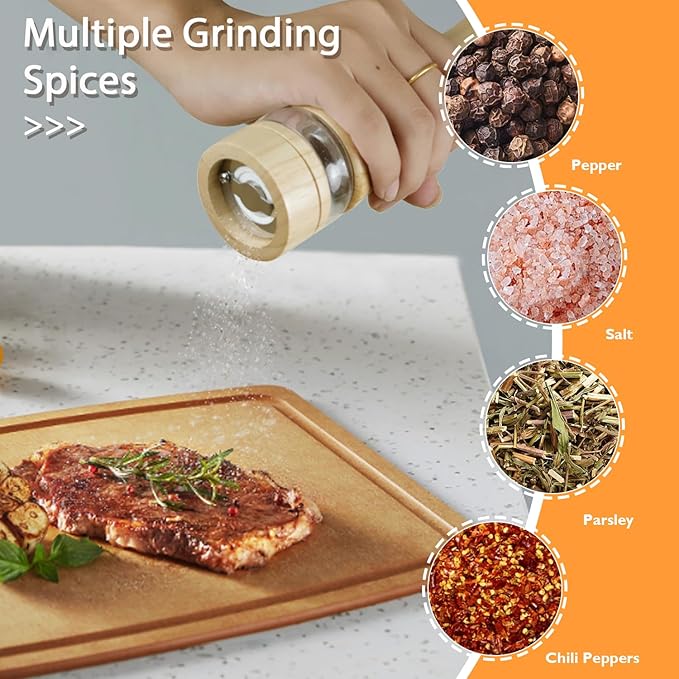 Wooden Salt and Pepper Grinder Set, 8.5 Inches Salt Grinder with Adjustable Coarseness Pepper Mill, Refillable Manual Salt Grinder, Oak Wood Salt and Pepper Grinder Mill for Kitchen - 2 Pack