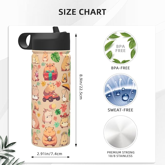 Capybara Gifts Tumbler Water Bottle Capibara Stainless Steel Vacuum Insulated Bottle 18 Oz