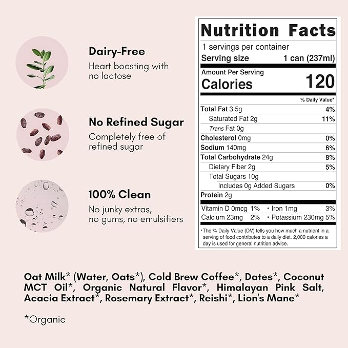 Pop & Bottle, Oat Milk Lattes - Cold Brew with Lions Mane & Reishi, MCT Oil, Single Shot Cold Brew, Mushrooms, Organic, Dairy Free, Gluten Free, Great as Iced Coffee, Lightly Sweetened with Dates - Caramel, 8 Fl Oz (12 Pack)