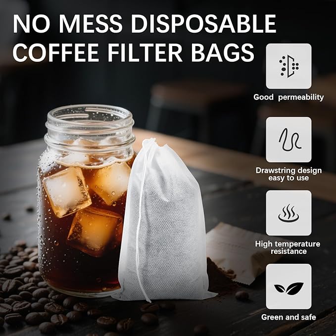 100 Pcs Cold Brew Bags 6x8 inch, No Mess Disposable Cold Brew Coffee Filter Pouches with Drawstring Large Empty Tea Bag for Loose Leaf Tea, Iced Coffee, Herbs, Spice, Home brewing, Hot pot