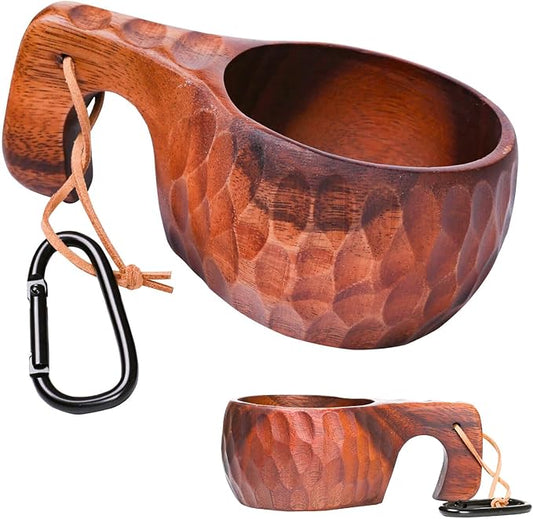 Kuksa Camping Mug Wooden Bushcraft Handcarved Cup, Nordic Style Coffee & Hiking Kuksa, Walnut Wood with Engraved Pattern, Trunk Style, 6.7 oz., 6.3" x 3.8" x 2.4"