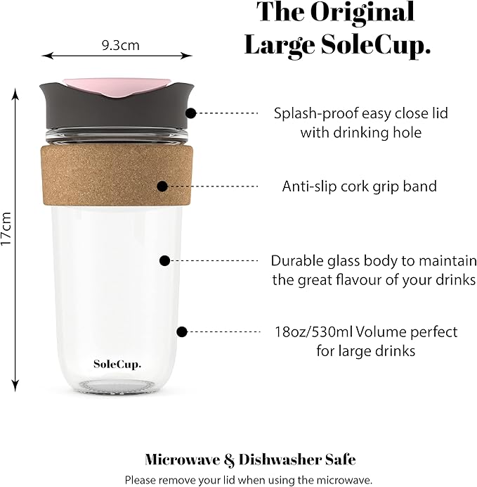 Large Travel Mug - Reusable Insulated Coffee Mug - 18oz/530ml BPA-Free Hot Drink Travel Mug with Lid & Cork Band (Gray and Pink)