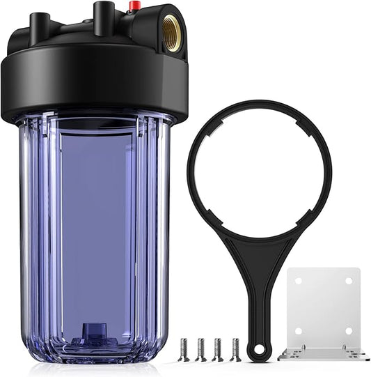 SimPure Whole House Water Big Filter Housing (DB10C), 10" x 4.5", Blue for Whole Home Water Filtration, Sediment Water Filter System for Well, 1" NPT Brass Port (Clear Housing)