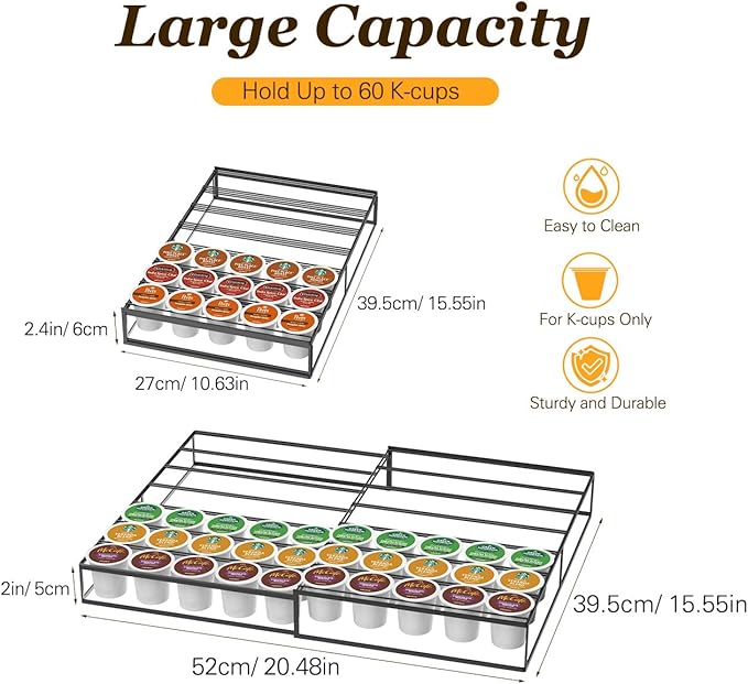 Coffee Pod Holder Drawer, Expandable K Cup Holder Compatible with Keurig K-Cup, K Cup Drawer Organizer Hold 30-60 Coffee Pod Storage for Coffee Station Office and Kitchen, Black