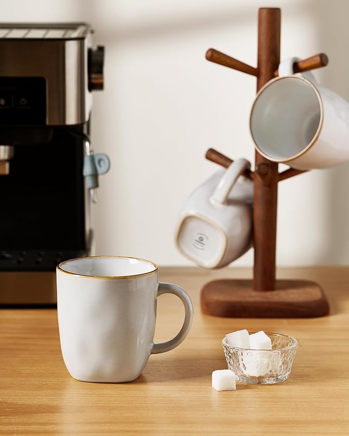 famiware Coffee Mugs Set of 6, Ocean Square 13oz Coffee Cup Set with Handle for Cocoa, Milk, Hot Chocolate, Tea, Water, Stoneware Cups for Kitchen, Microwave and Dishwasher Safe, Cappuccino White