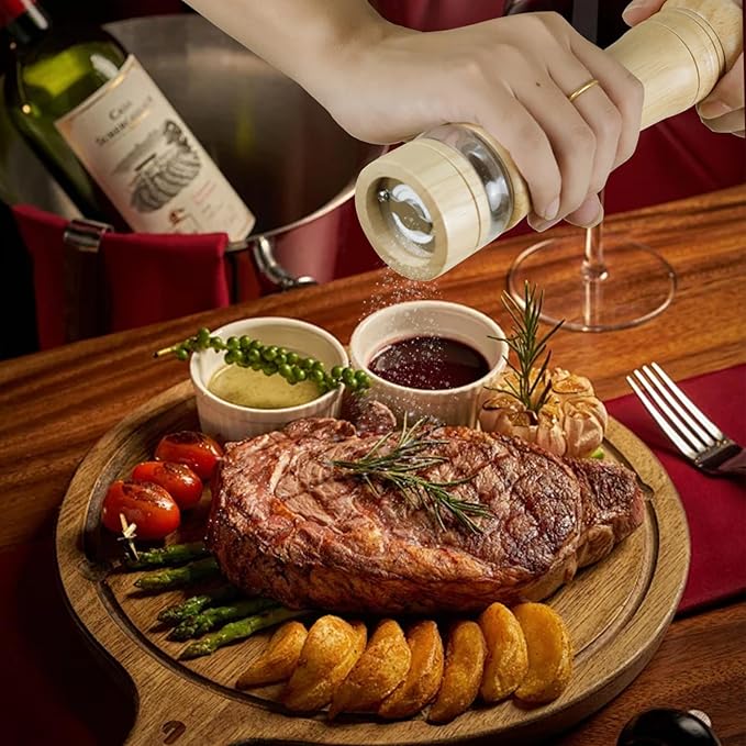 Wooden Salt and Pepper Grinder Set, 8.5 Inches Salt Grinder with Adjustable Coarseness Pepper Mill, Refillable Manual Salt Grinder, Oak Wood Salt and Pepper Grinder Mill for Kitchen - 2 Pack