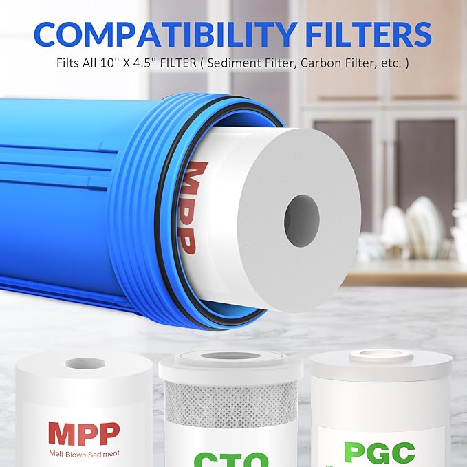 SimPure Whole House Water Filter Housing (DB10P), 10" x 4.5" Sediment Carbon Filter Universal Housing, Pre-Filtration System for Well and City Water, 1" NPT Port, Pressure Release