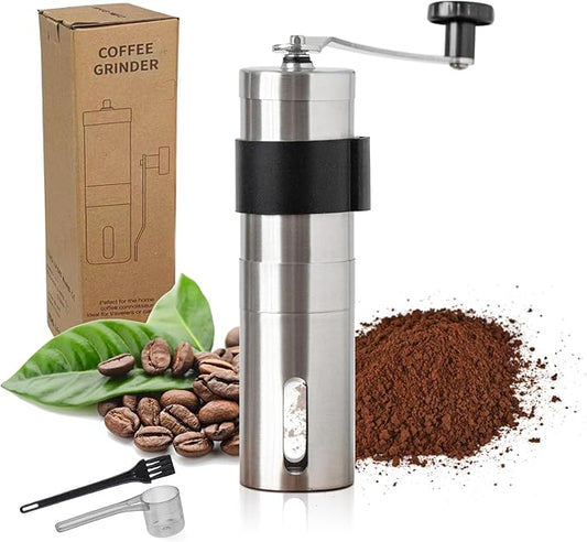 Manual Coffee Grinder, Hand Coffee Mill, Adjustable Settings With Black Anti Slip Sheath, Portable Conical Burr Grinder for Household, Office, Camping or Travel Ect Multi Scenario Usage, Silvery.