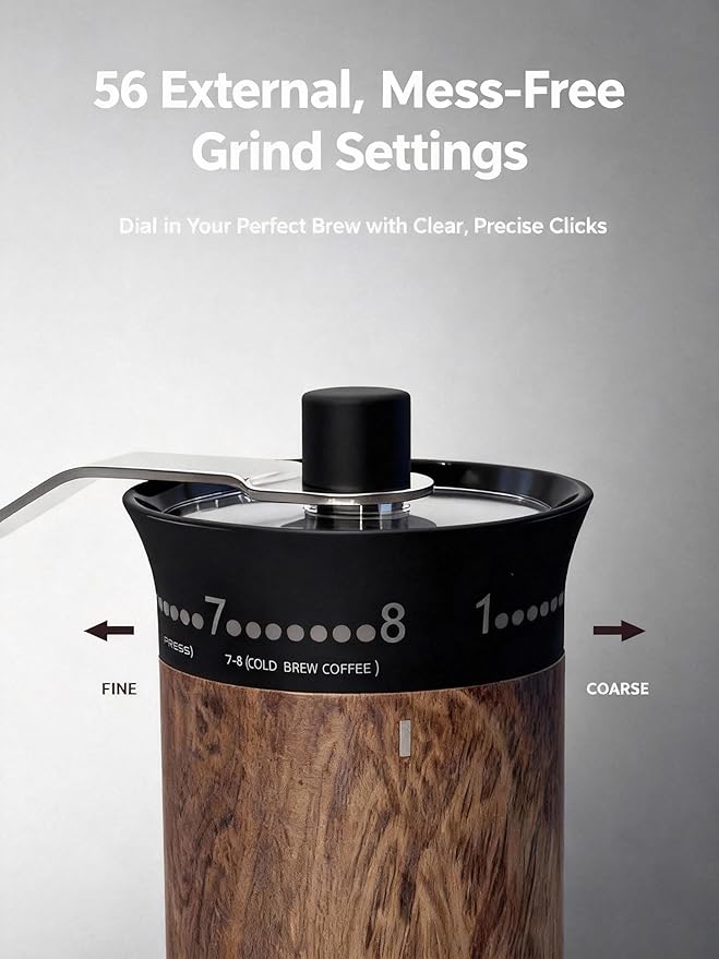 LAMIDO Mini Manual Coffee Grinder - 56 External Grind Settings, Stainless Steel Body & Crank, Ceramic Burr, Portable Hand Grinder for Travel, Camping, Home Brewing - Wood Grain