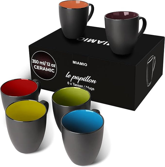MIAMIO - Set of 6 Stoneware Coffee Mugs 12 Ounce/Cup Set - Le Papillon Collection (Black-Colourful)