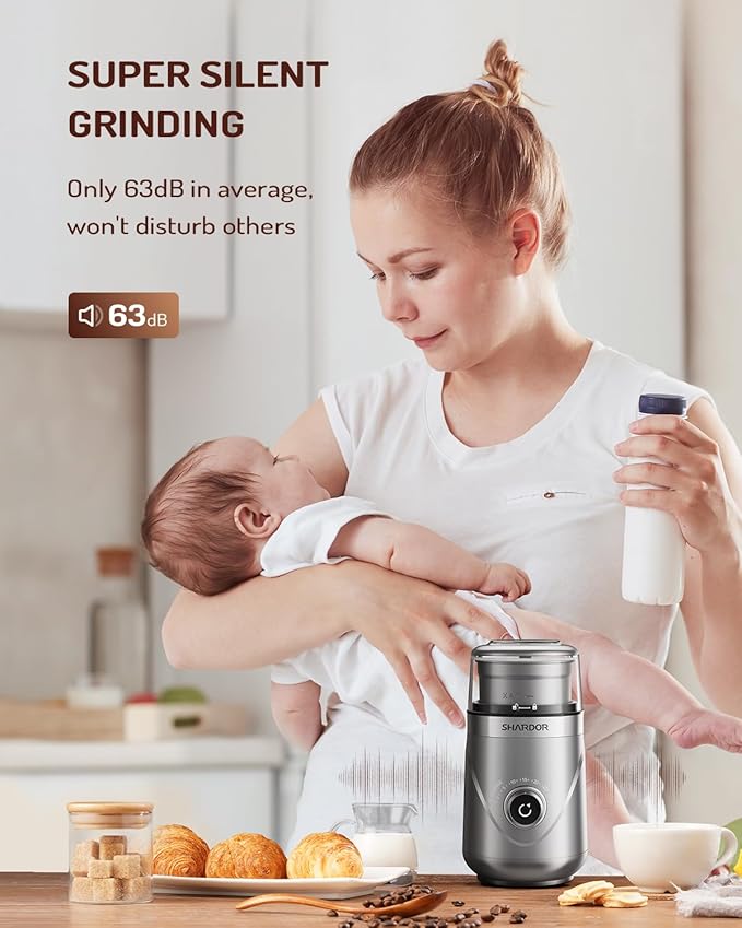 SHARDOR Electric Super Silent Blade Coffee Grinder, Timed Grind Control Rotary Knob, Adjustable Coarse to Fine for Coffee Beans, Spices & Herbs, with 1 Removable Stainless Steel Bowl, Sliver