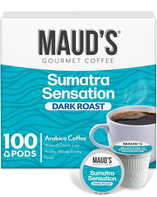 Maud's Sumatra Coffee Pods, 100 ct, Dark Roast Coffee in Recyclable Single Serve Pods – 100% Arabica Coffee, Compatible with Keurig K Cups Maker